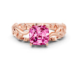 Rose gold Cushion Cut Solitaire Pink Sapphire Leaf-Inspired Vine Band Ring with Prong Setting_24