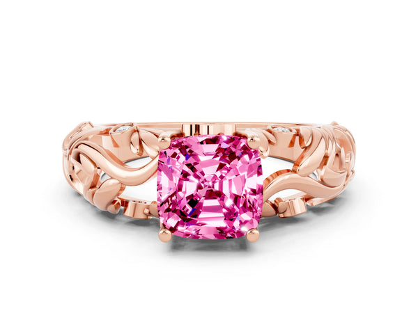 Rose gold Cushion Cut Solitaire Pink Sapphire Leaf-Inspired Vine Band Ring with Prong Setting