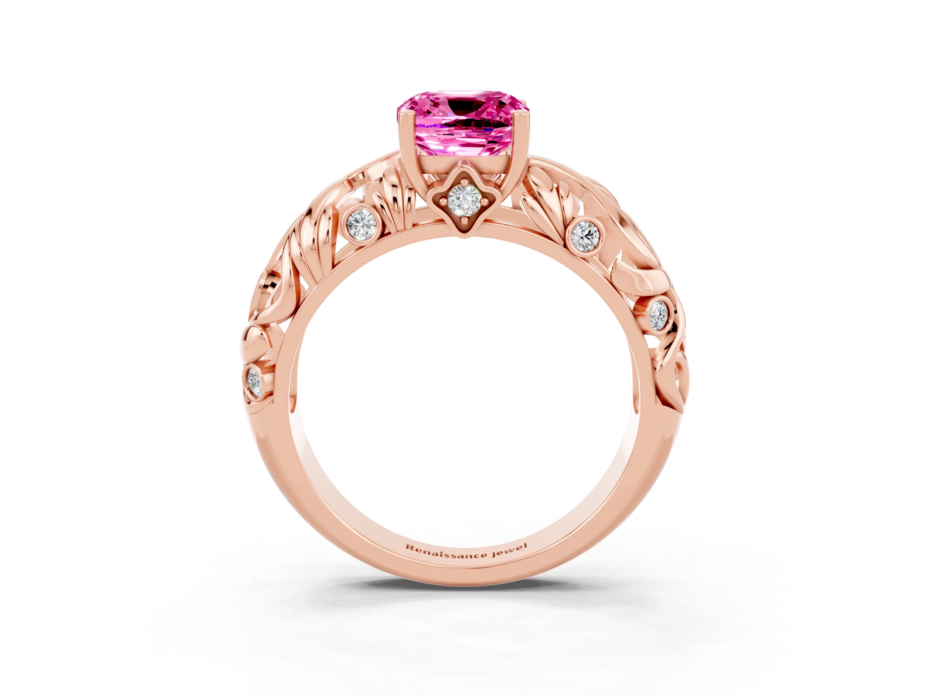 Rose gold Cushion Cut Solitaire Pink Sapphire Leaf-Inspired Vine Band Ring with Prong Setting_27