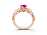Rose gold Cushion Cut Solitaire Pink Sapphire Leaf-Inspired Vine Band Ring with Prong Setting_27