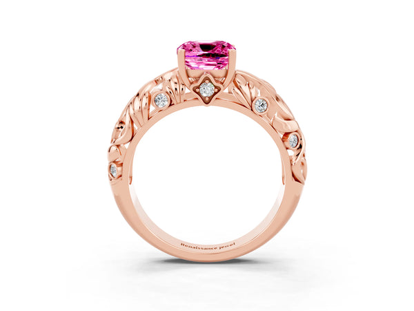 Rose gold Cushion Cut Solitaire Pink Sapphire Leaf-Inspired Vine Band Ring with Prong Setting