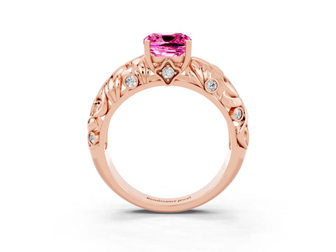Rose gold Cushion Cut Solitaire Pink Sapphire Leaf-Inspired Vine Band Ring with Prong Setting_27