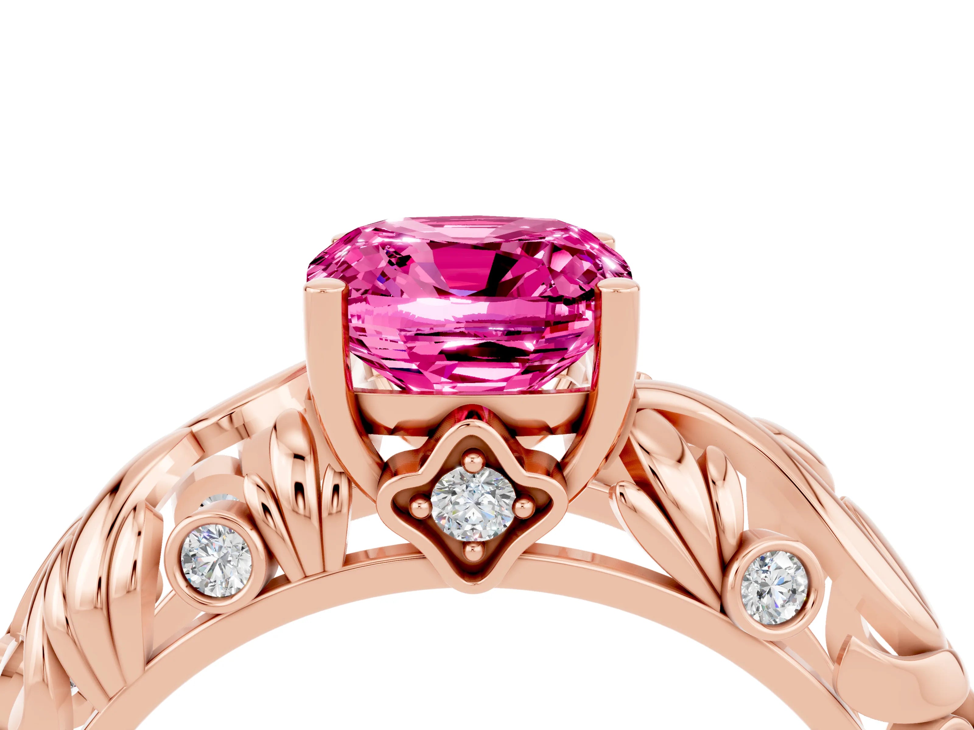 Rose gold Cushion Cut Solitaire Pink Sapphire Leaf-Inspired Vine Band Ring with Prong Setting_28