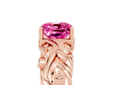 Rose gold Cushion Cut Solitaire Pink Sapphire Leaf-Inspired Vine Band Ring with Prong Setting_29