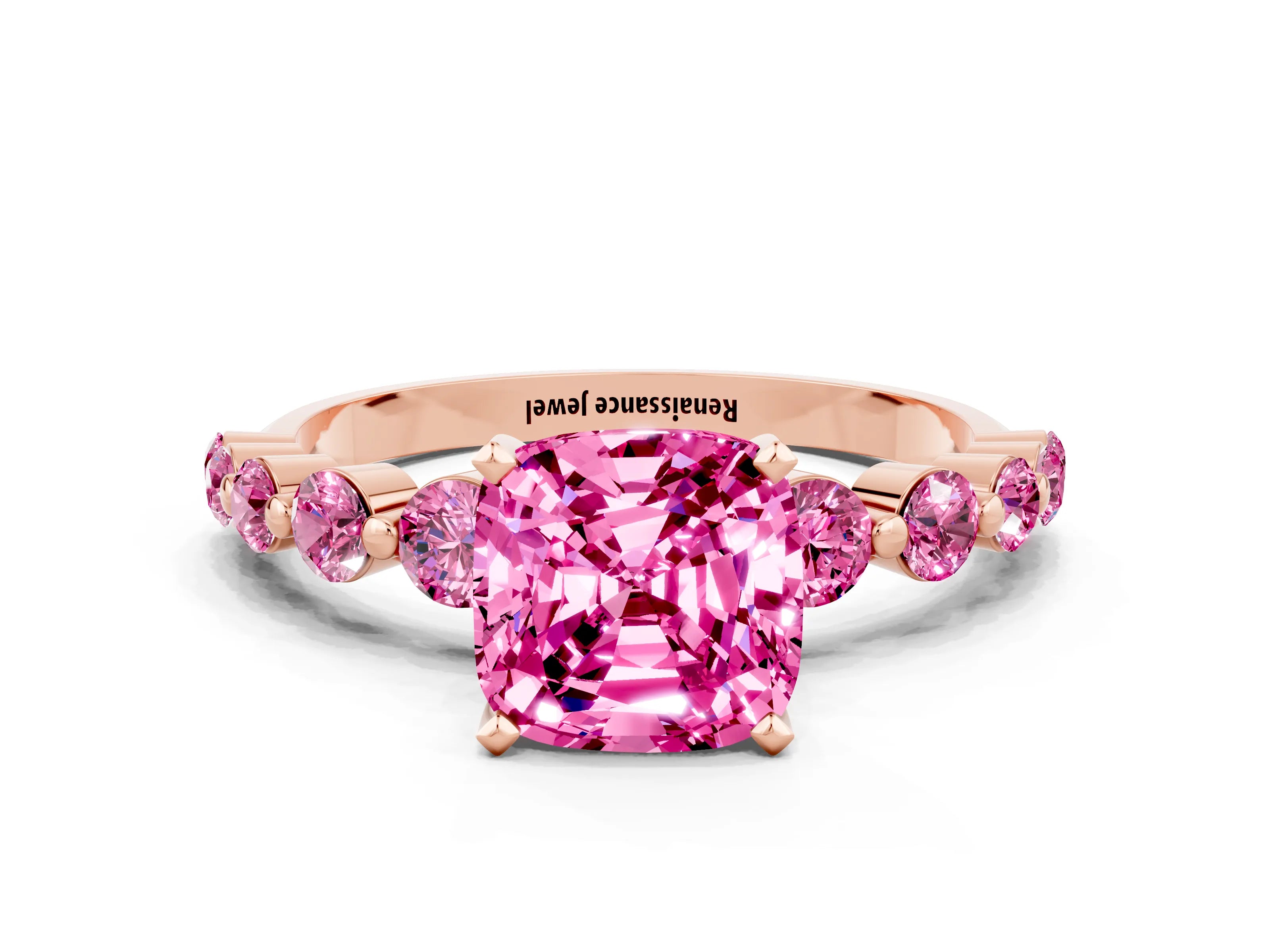 Rose gold Cushion Cut Solitaire Pink Sapphire Ring with Pave Band and Four-Prong Setting