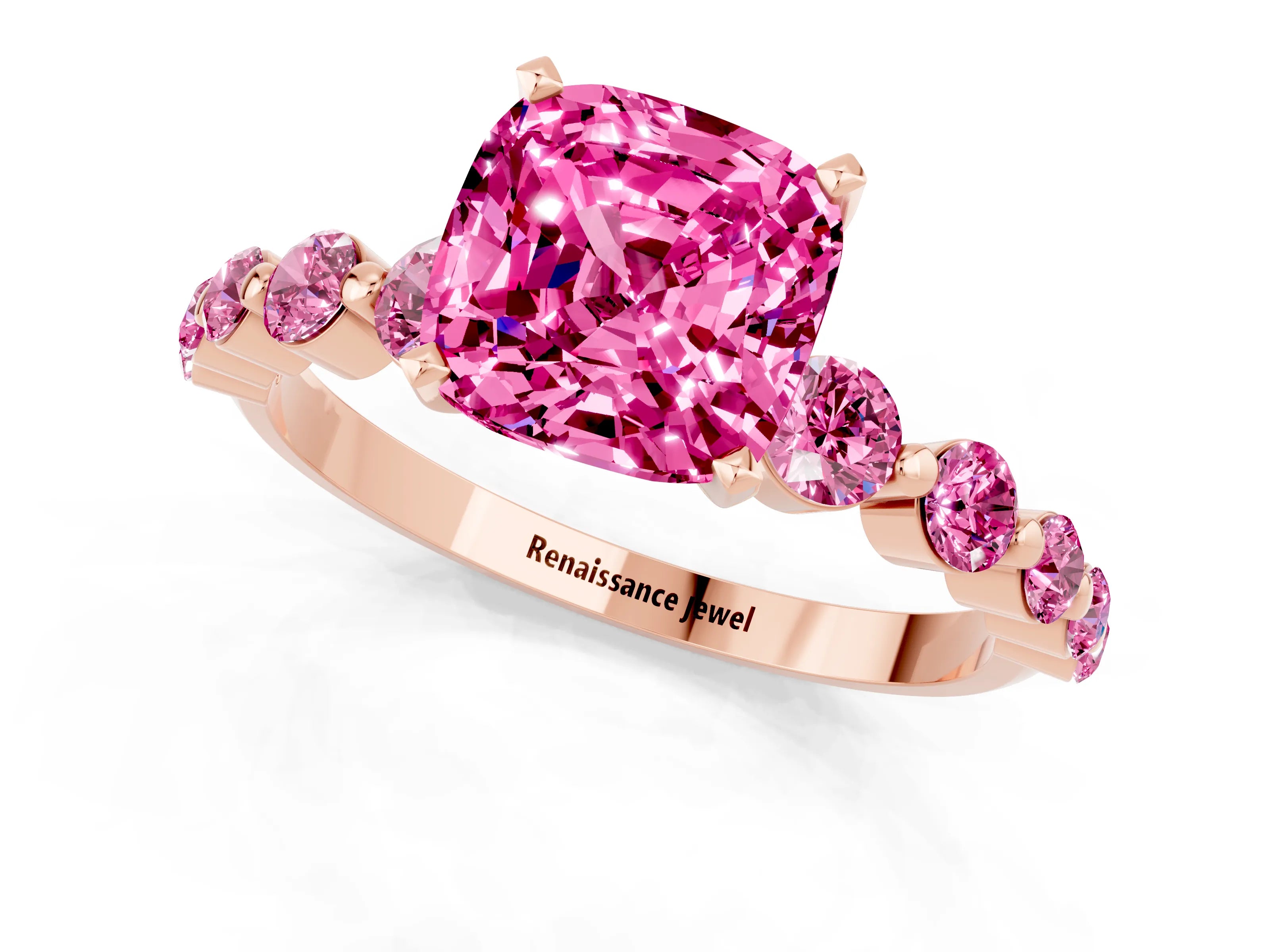 Rose gold Cushion Cut Solitaire Pink Sapphire Ring with Pave Band and Four-Prong Setting_1