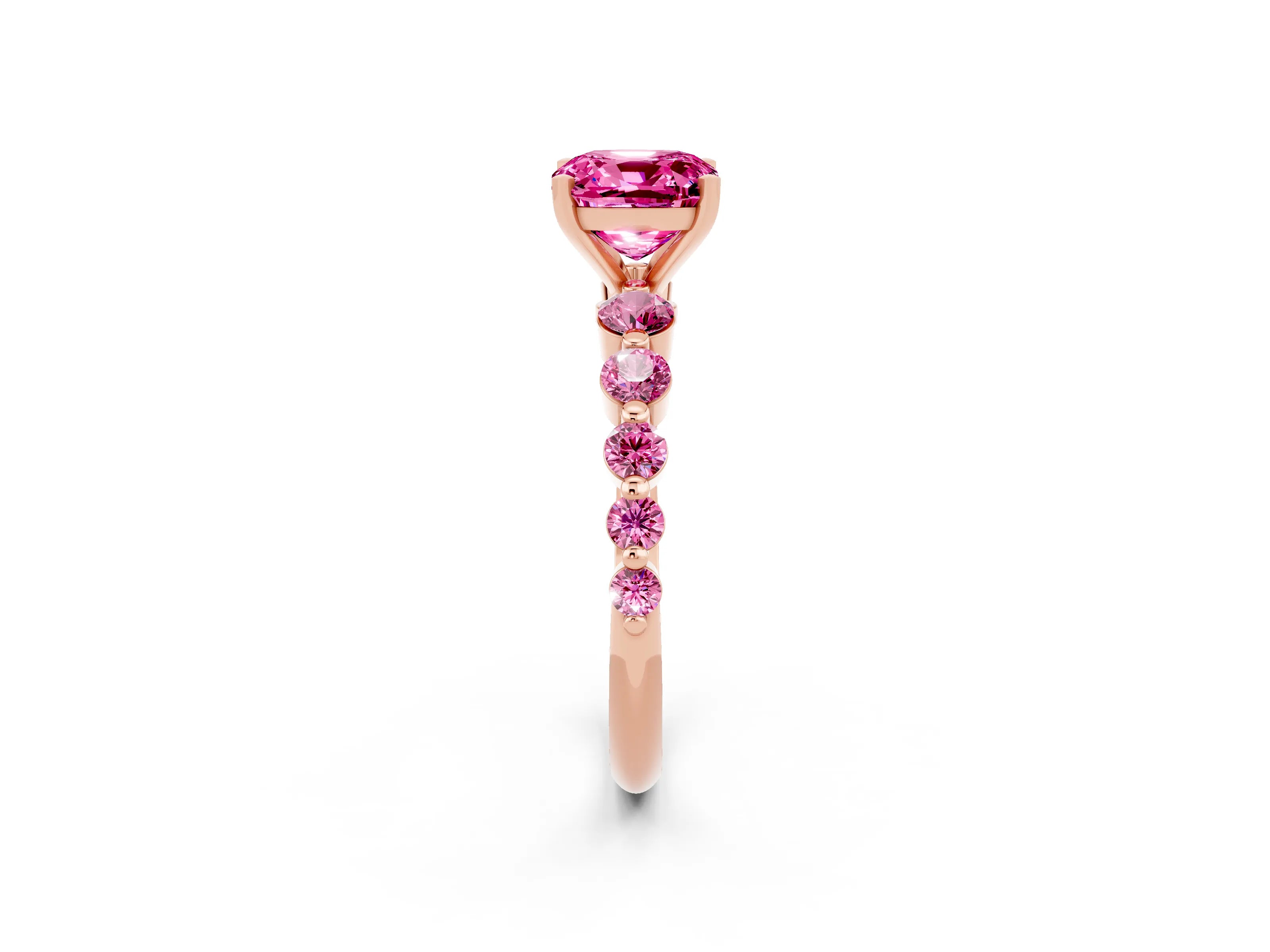 Rose gold Cushion Cut Solitaire Pink Sapphire Ring with Pave Band and Four-Prong Setting_2