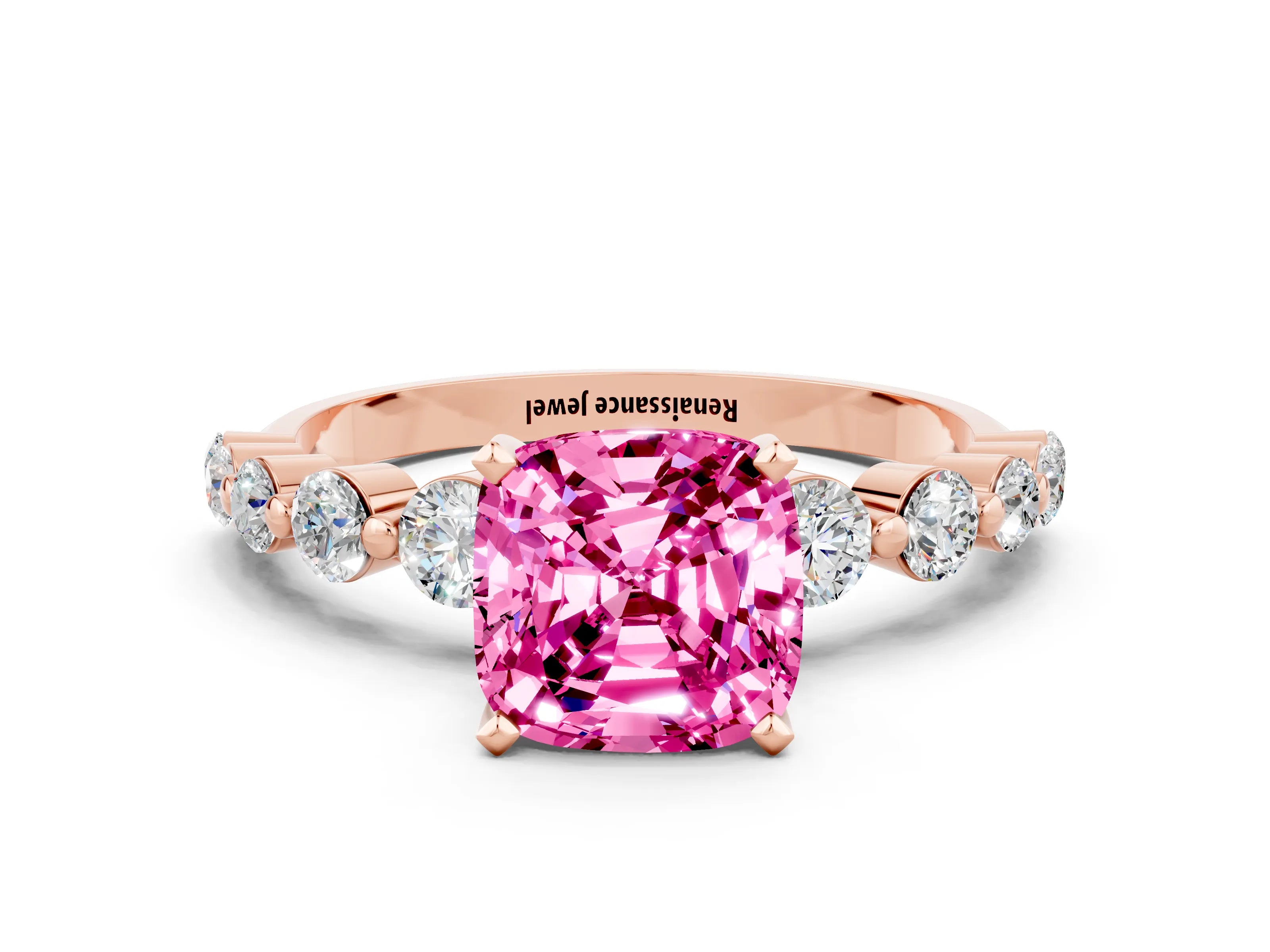 Rose gold Cushion Cut Solitaire Pink Sapphire Ring with Pave Band and Four-Prong Setting_24