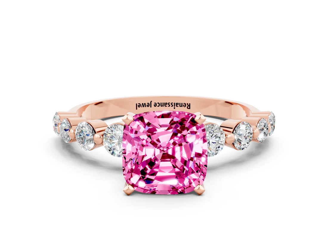 Rose gold Cushion Cut Solitaire Pink Sapphire Ring with Pave Band and Four-Prong Setting_24