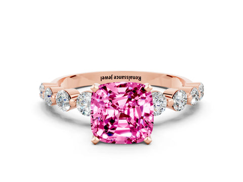 Rose gold Cushion Cut Solitaire Pink Sapphire Ring with Pave Band and Four-Prong Setting_24