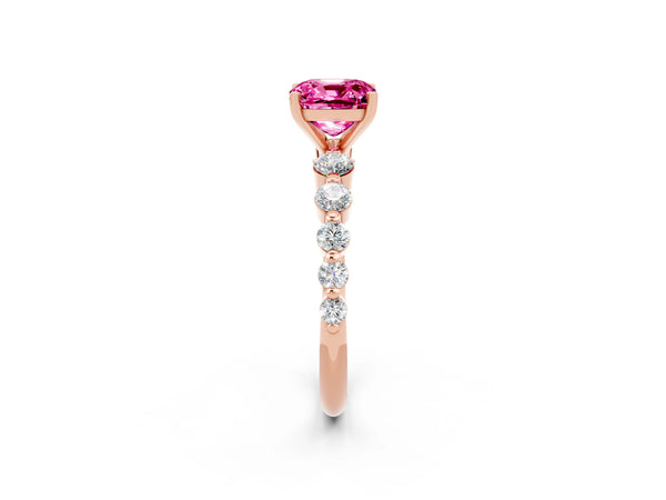 Rose gold Cushion Cut Solitaire Pink Sapphire Ring with Pave Band and Four-Prong Setting