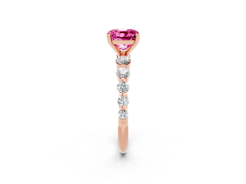 Rose gold Cushion Cut Solitaire Pink Sapphire Ring with Pave Band and Four-Prong Setting_26