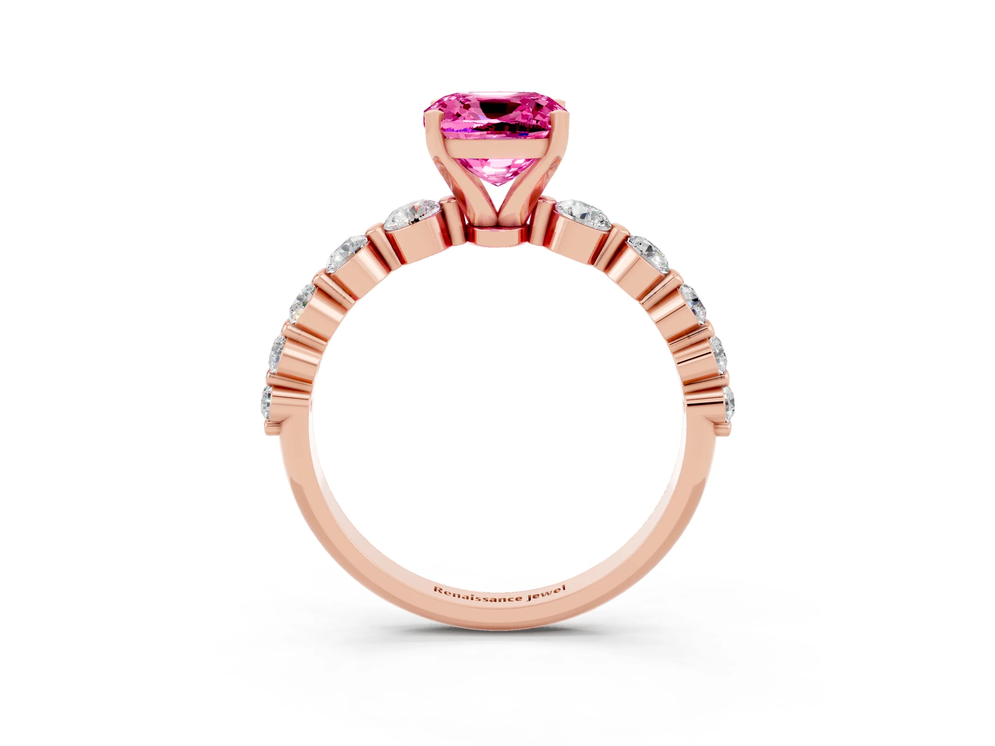 Rose gold Cushion Cut Solitaire Pink Sapphire Ring with Pave Band and Four-Prong Setting_27