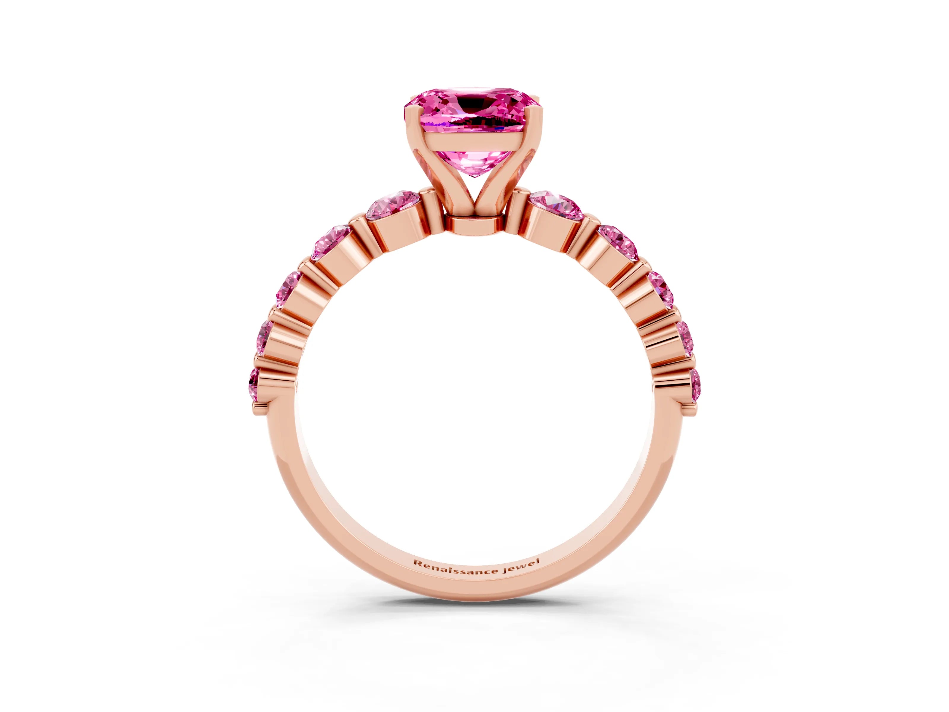 Rose gold Cushion Cut Solitaire Pink Sapphire Ring with Pave Band and Four-Prong Setting_3