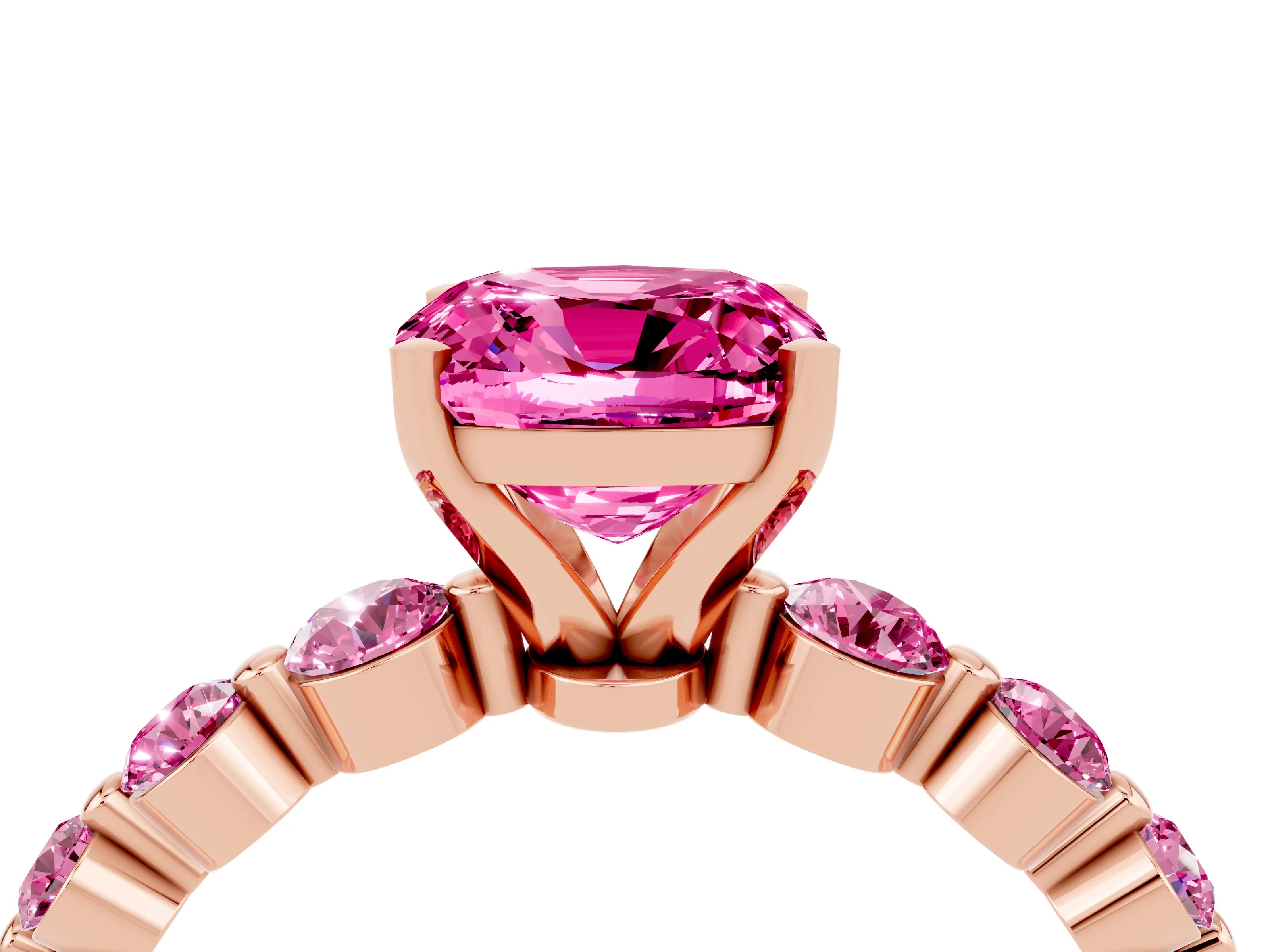 Rose gold Cushion Cut Solitaire Pink Sapphire Ring with Pave Band and Four-Prong Setting_4