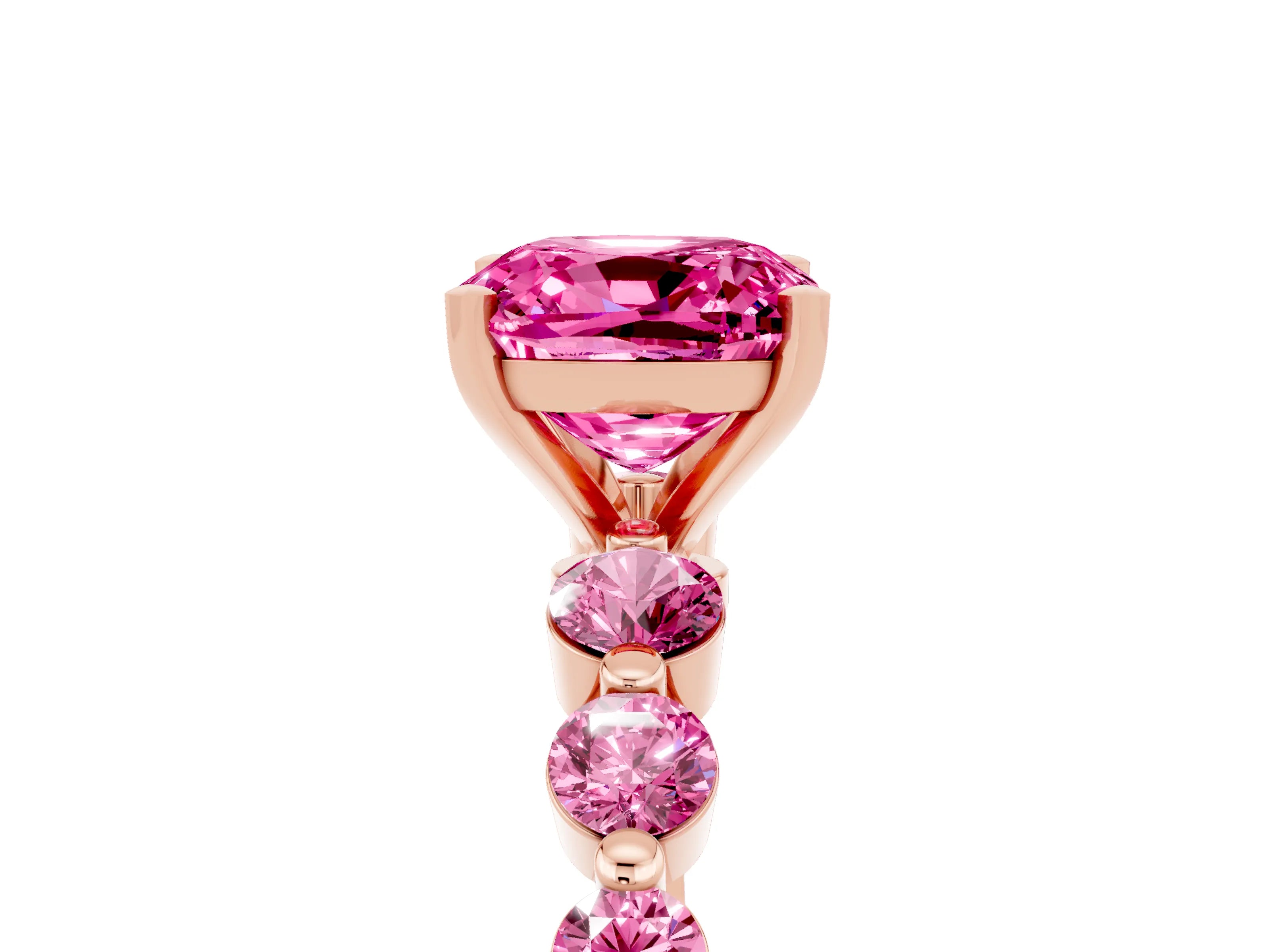 Rose gold Cushion Cut Solitaire Pink Sapphire Ring with Pave Band and Four-Prong Setting_5