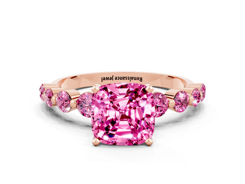Rose gold Cushion Cut Solitaire Pink Sapphire Ring with Pave Band and Four-Prong Setting