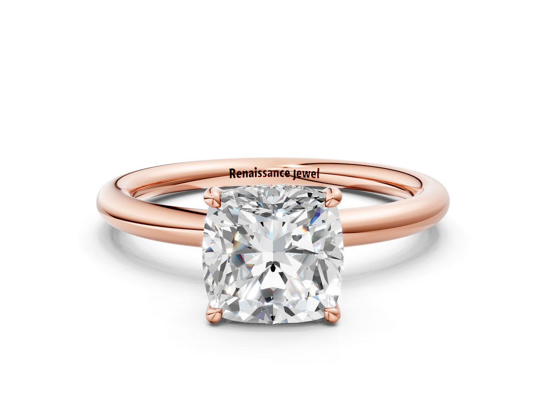Rose gold Cushion Cut Solitaire Ring with Thin Band and Four-Prong Setting_36