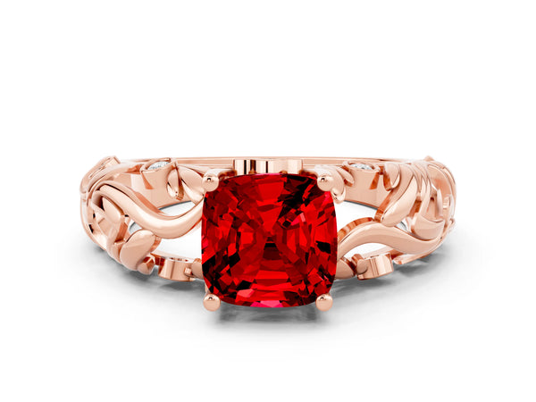 Rose gold Cushion Cut Solitaire Ruby Leaf-Inspired Vine Band Ring with Prong Setting