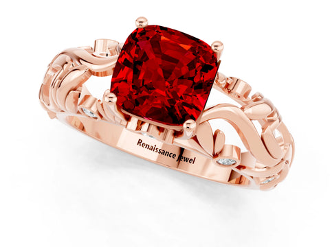 Rose gold Cushion Cut Solitaire Ruby Leaf-Inspired Vine Band Ring with Prong Setting_1