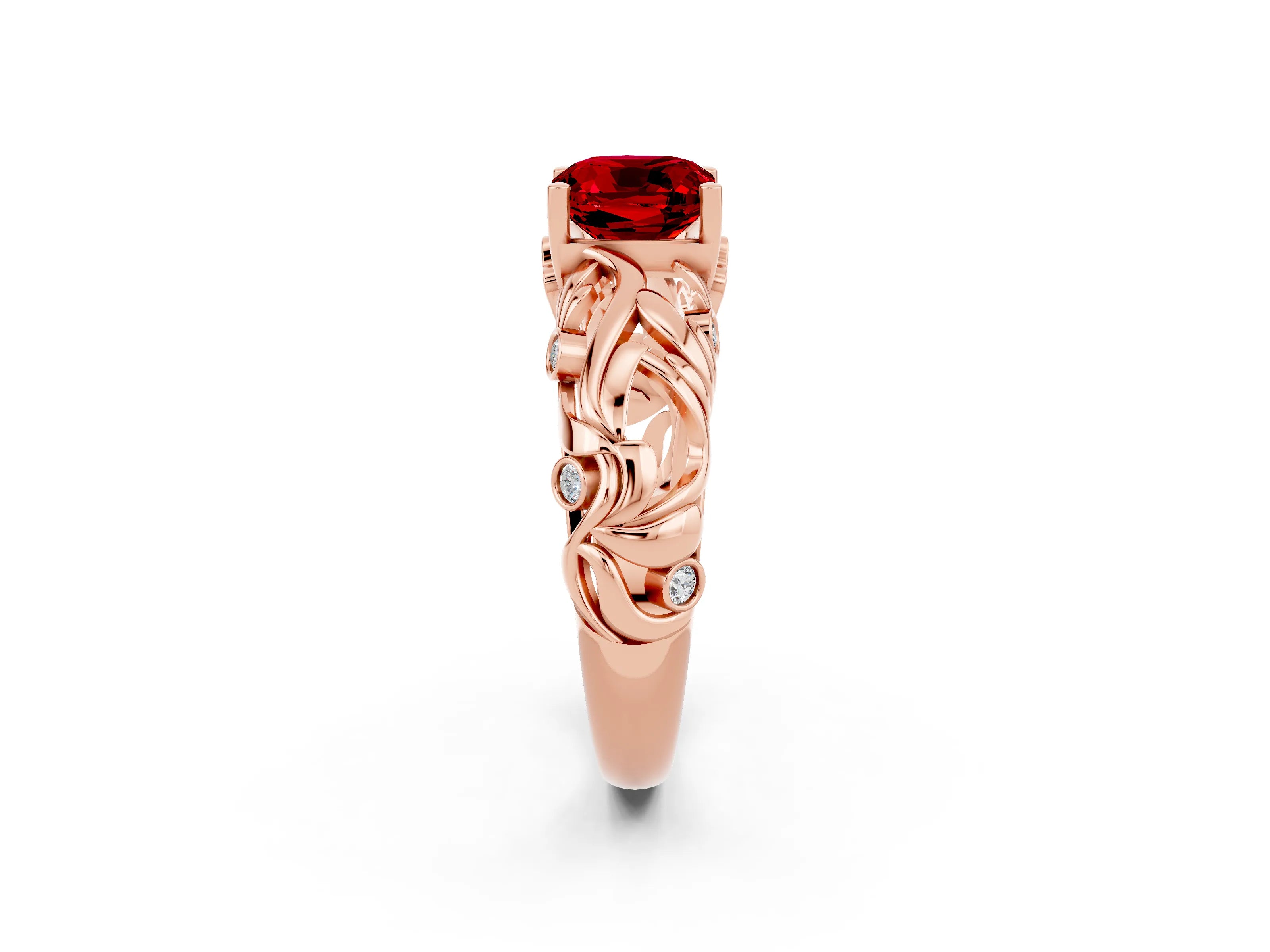 Rose gold Cushion Cut Solitaire Ruby Leaf-Inspired Vine Band Ring with Prong Setting_2