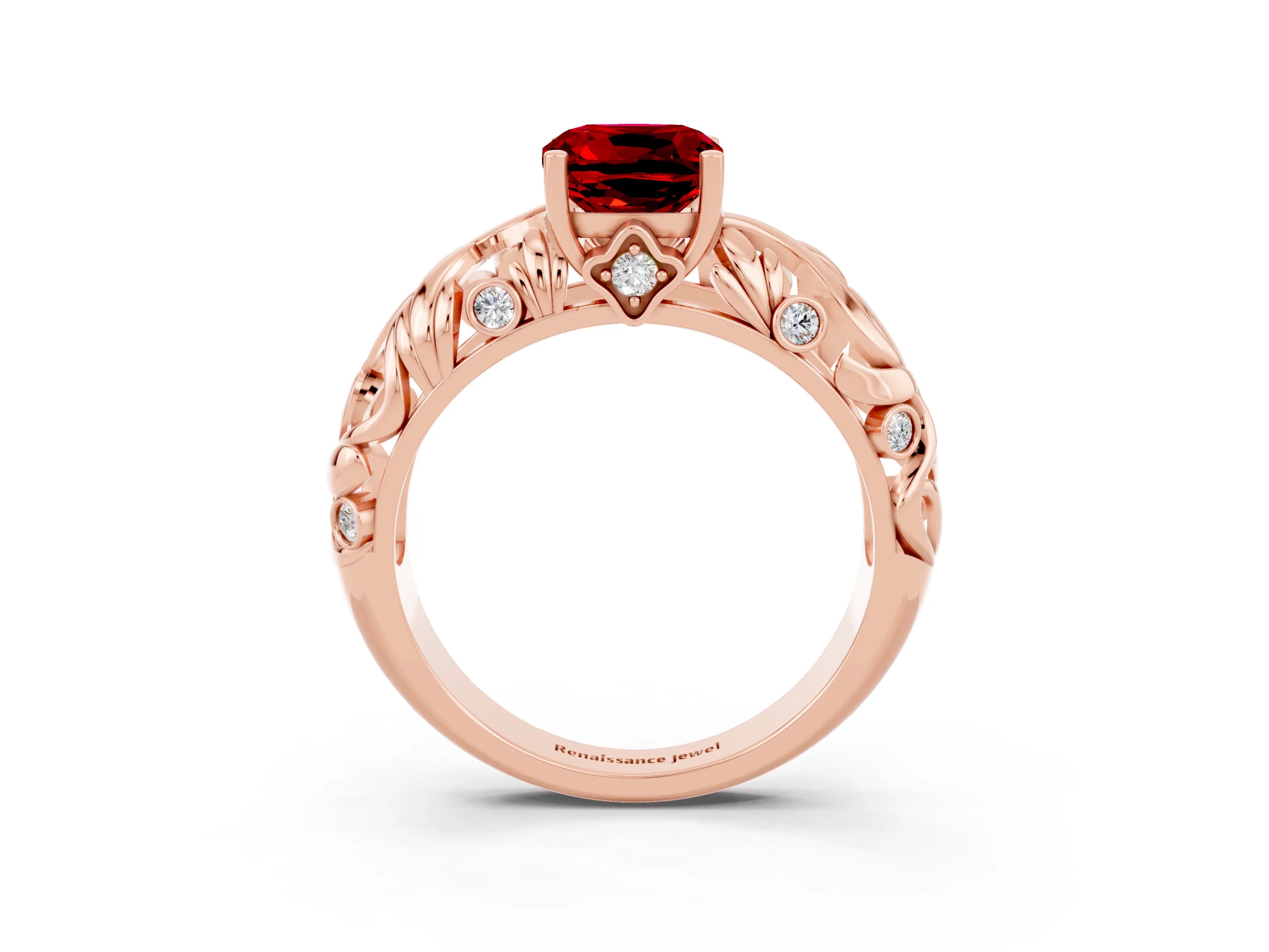Rose gold Cushion Cut Solitaire Ruby Leaf-Inspired Vine Band Ring with Prong Setting_3