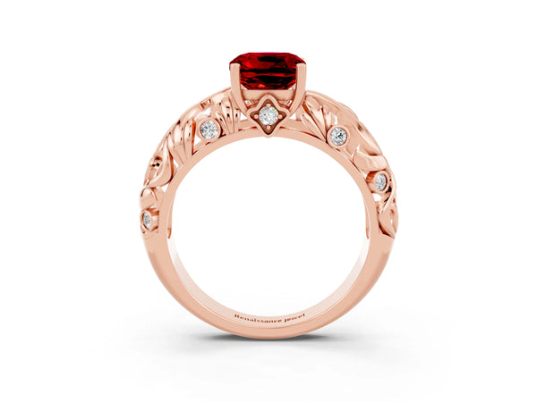 Rose gold Cushion Cut Solitaire Ruby Leaf-Inspired Vine Band Ring with Prong Setting