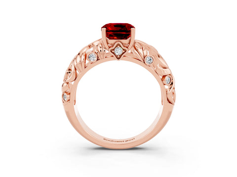 Rose gold Cushion Cut Solitaire Ruby Leaf-Inspired Vine Band Ring with Prong Setting_3