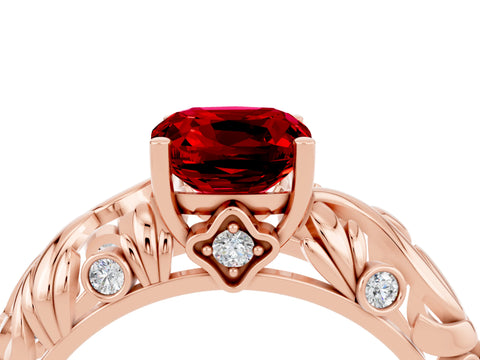 Rose gold Cushion Cut Solitaire Ruby Leaf-Inspired Vine Band Ring with Prong Setting_4
