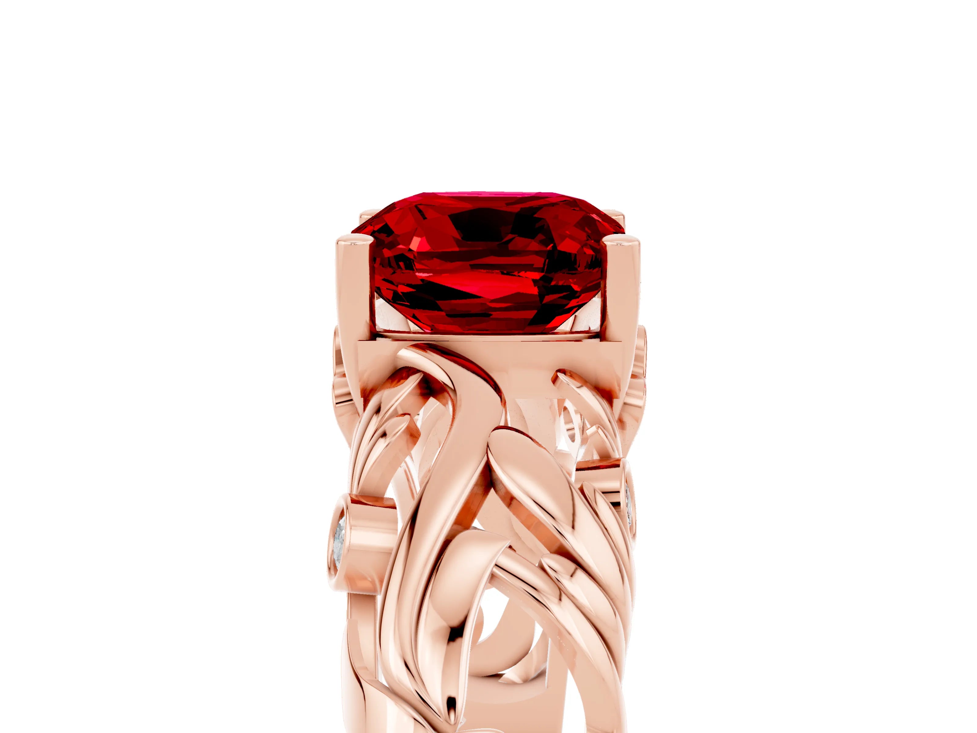 Rose gold Cushion Cut Solitaire Ruby Leaf-Inspired Vine Band Ring with Prong Setting_5