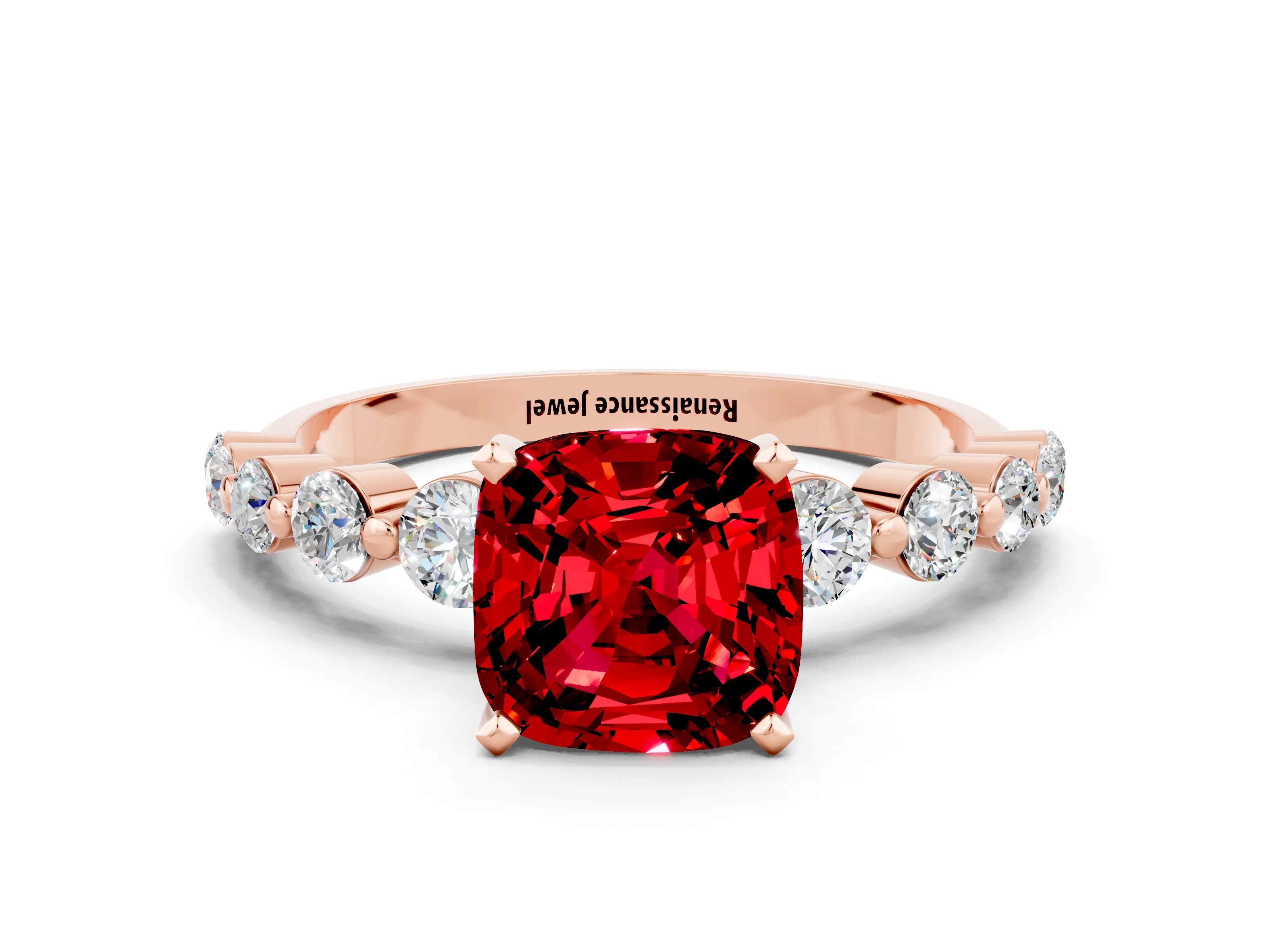 Rose gold Cushion Cut Solitaire Ruby Ring with Pave Band and Four-Prong Setting