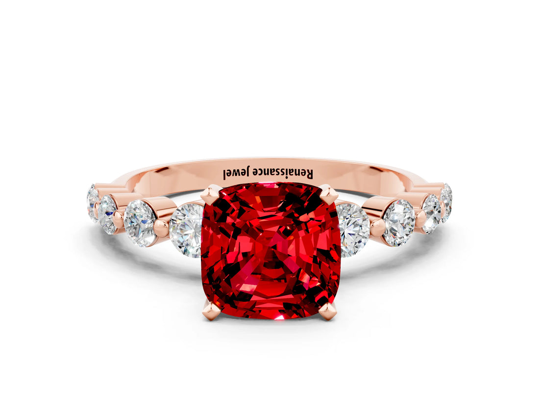 Rose gold Cushion Cut Solitaire Ruby Ring with Pave Band and Four-Prong Setting