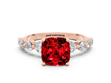 Rose gold Cushion Cut Solitaire Ruby Ring with Pave Band and Four-Prong Setting