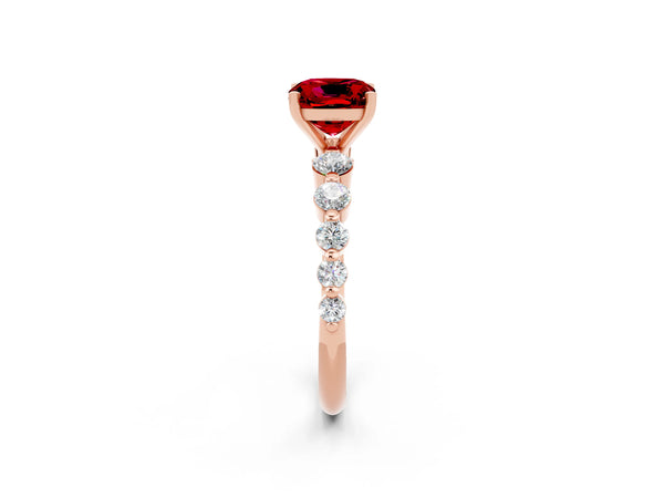 Rose gold Cushion Cut Solitaire Ruby Ring with Pave Band and Four-Prong Setting