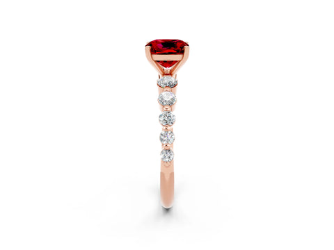 Rose gold Cushion Cut Solitaire Ruby Ring with Pave Band and Four-Prong Setting_2