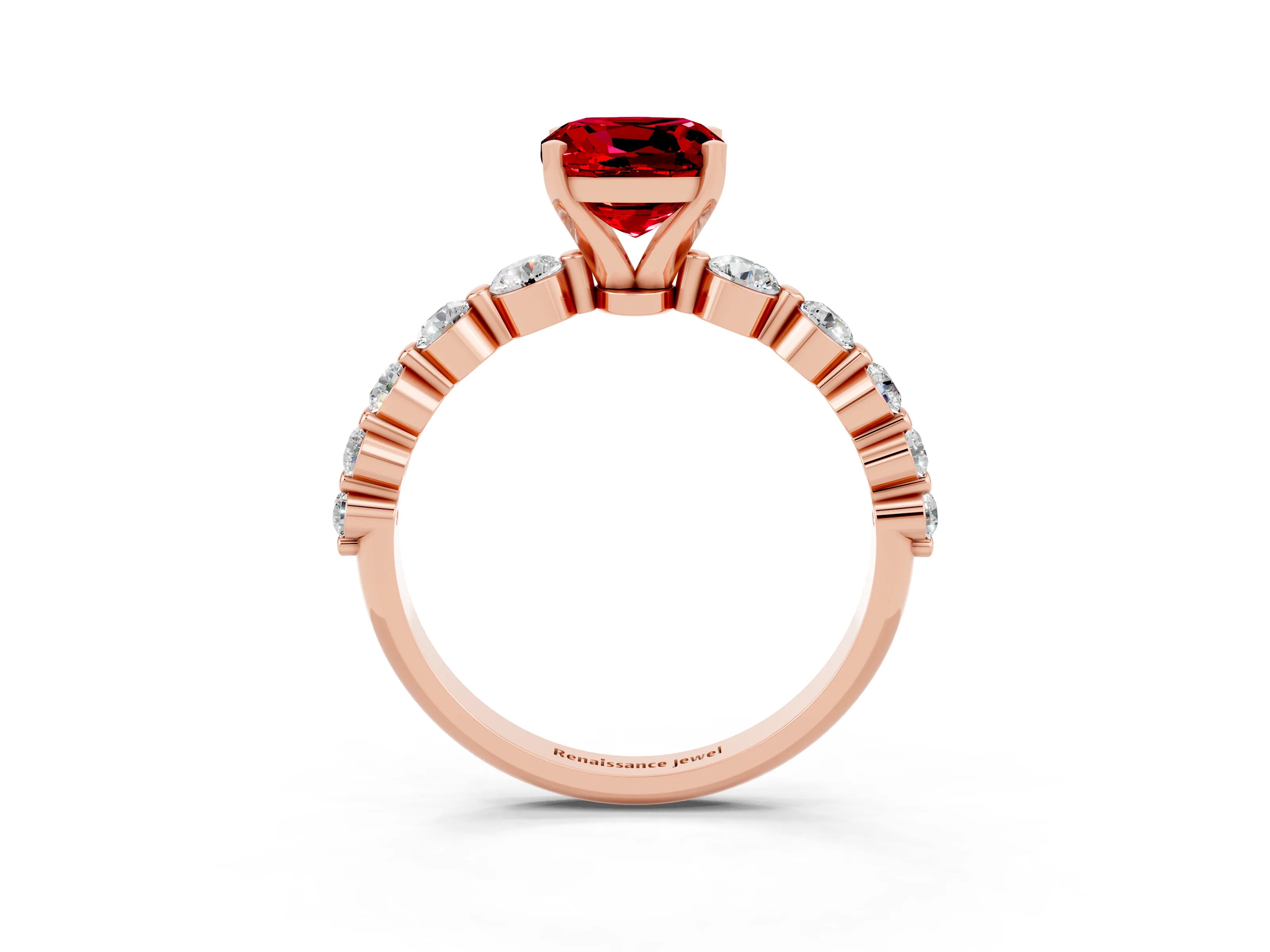 Rose gold Cushion Cut Solitaire Ruby Ring with Pave Band and Four-Prong Setting_3