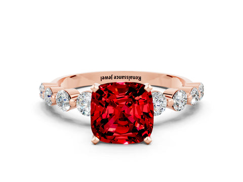Rose gold Cushion Cut Solitaire Ruby Ring with Pave Band and Four-Prong Setting