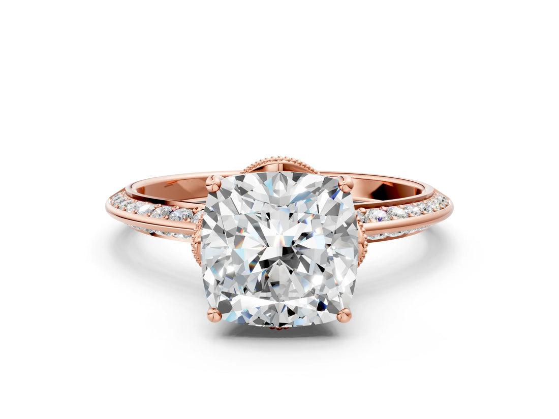 Rose gold Cushion Cut Solitaire Split Shank Pave Diamond Engagement Ring with Four-Prong Setting_45