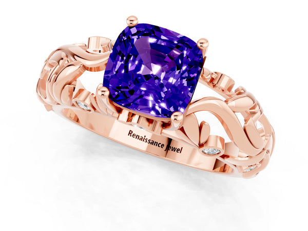 Rose gold Cushion Cut Solitaire Tanzanite Leaf-Inspired Vine Band Ring with Prong Setting