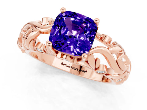 Rose gold Cushion Cut Solitaire Tanzanite Leaf-Inspired Vine Band Ring with Prong Setting_1