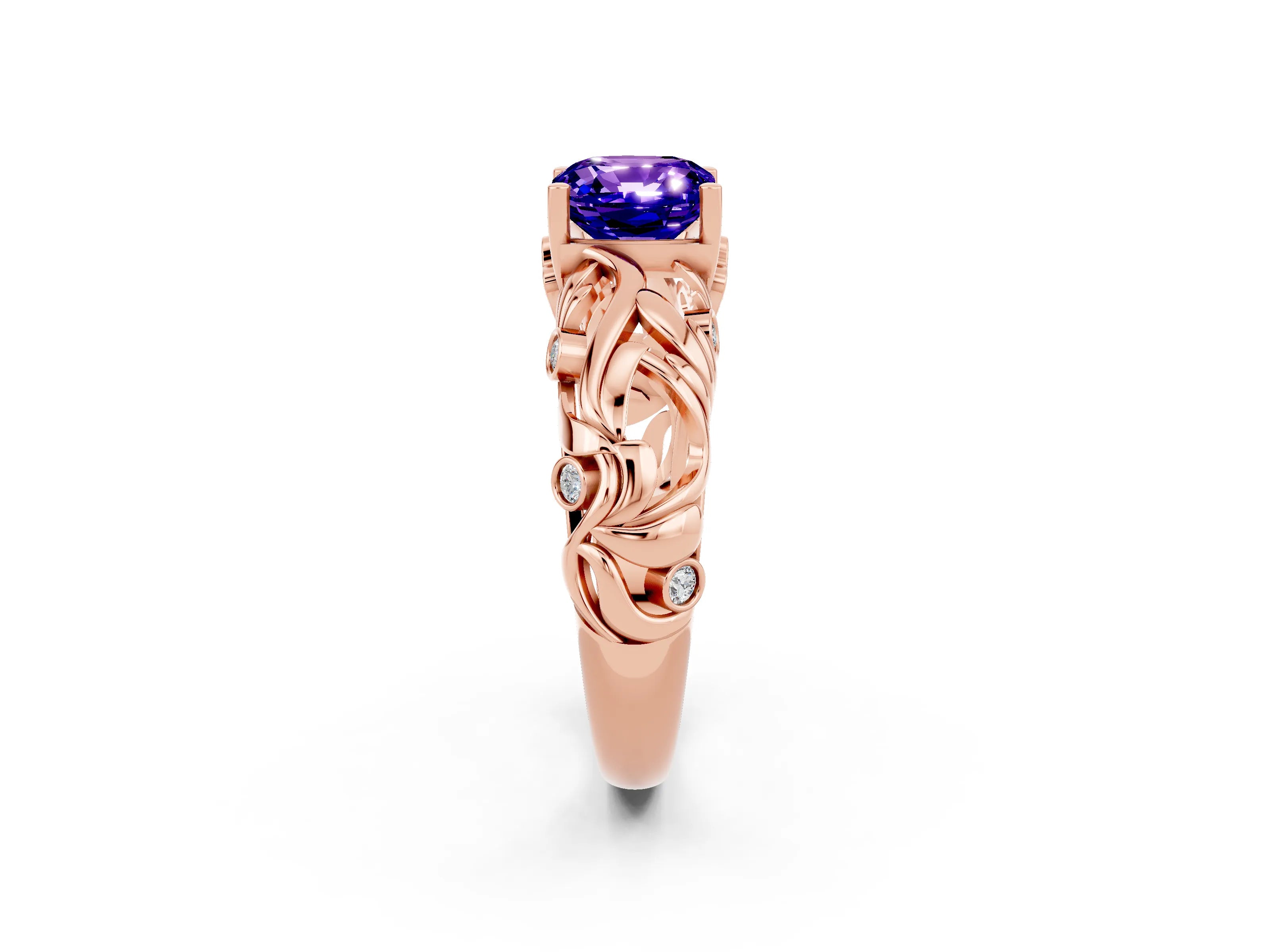 Rose gold Cushion Cut Solitaire Tanzanite Leaf-Inspired Vine Band Ring with Prong Setting_2
