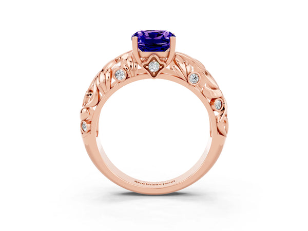 Rose gold Cushion Cut Solitaire Tanzanite Leaf-Inspired Vine Band Ring with Prong Setting