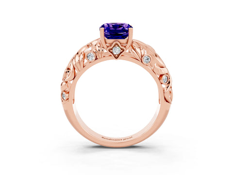Rose gold Cushion Cut Solitaire Tanzanite Leaf-Inspired Vine Band Ring with Prong Setting_3
