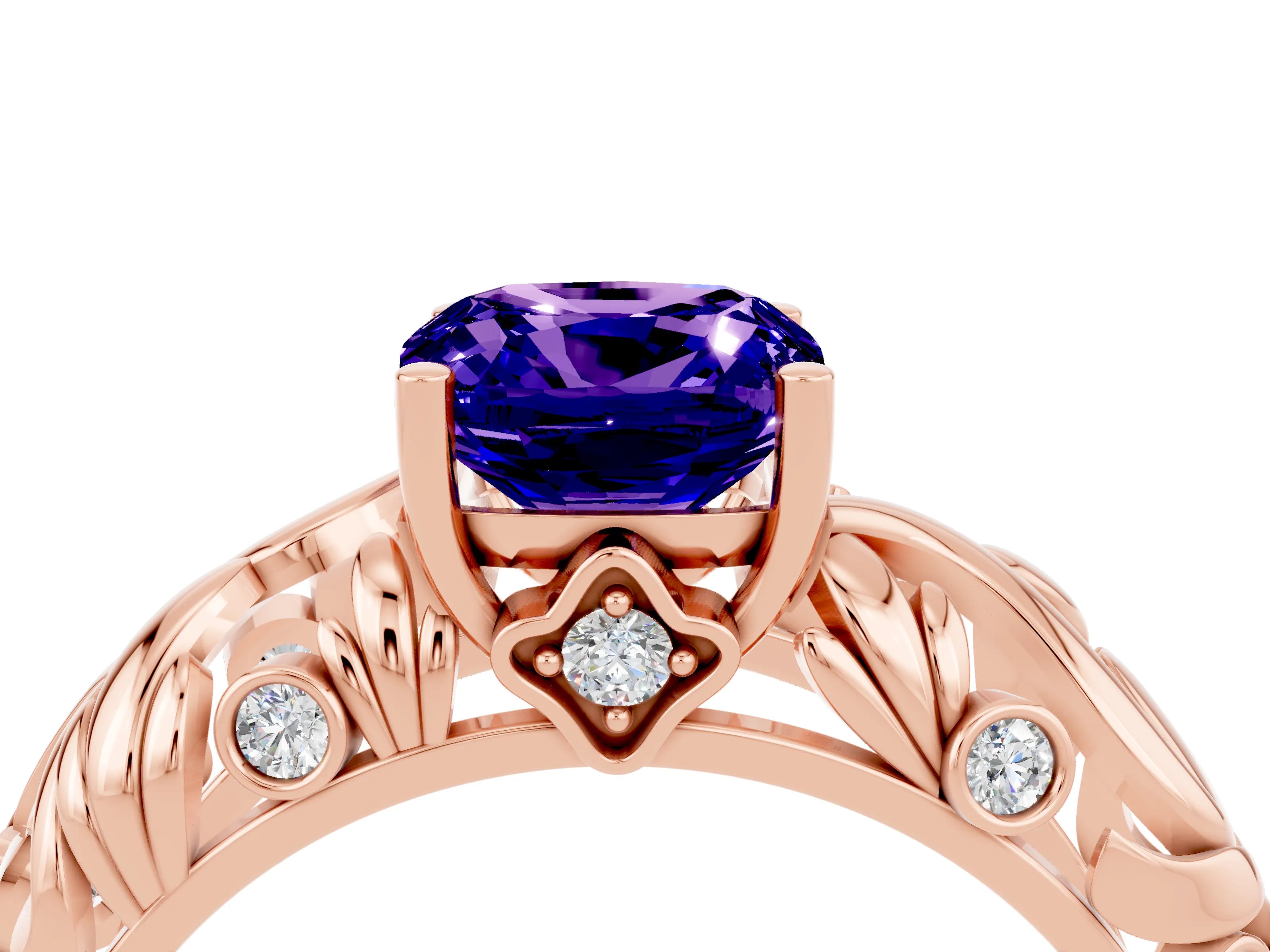 Rose gold Cushion Cut Solitaire Tanzanite Leaf-Inspired Vine Band Ring with Prong Setting_4