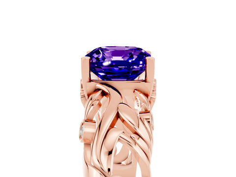 Rose gold Cushion Cut Solitaire Tanzanite Leaf-Inspired Vine Band Ring with Prong Setting_5