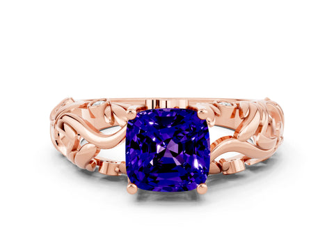 Rose gold Cushion Cut Solitaire Tanzanite Leaf-Inspired Vine Band Ring with Prong Setting