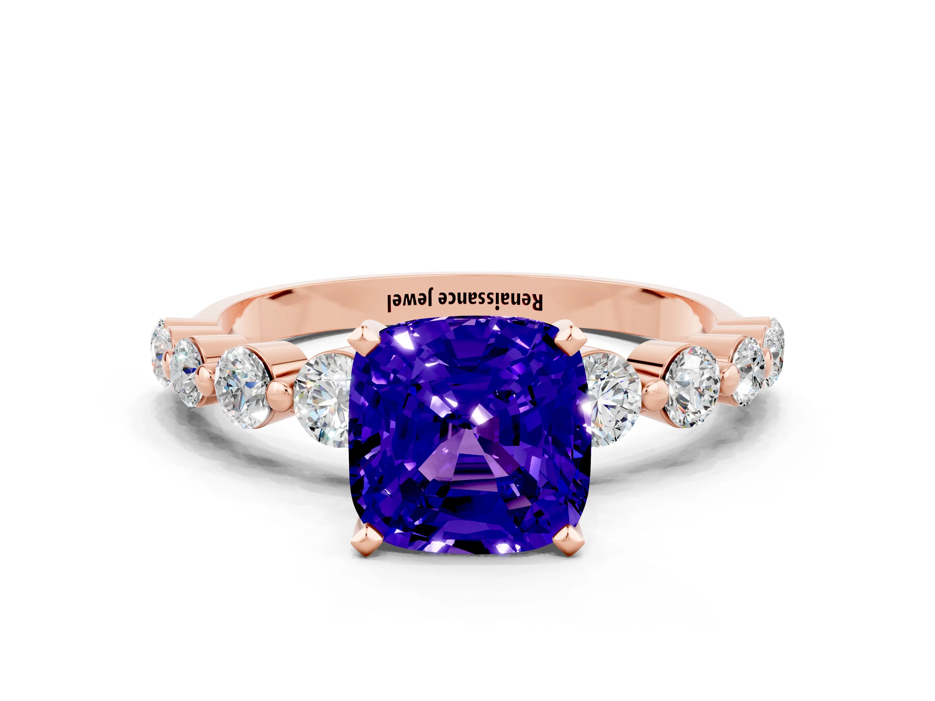 Rose gold Cushion Cut Solitaire Tanzanite Ring with Pave Band and Four-Prong Setting