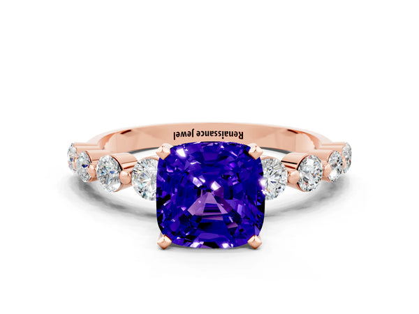 Rose gold Cushion Cut Solitaire Tanzanite Ring with Pave Band and Four-Prong Setting