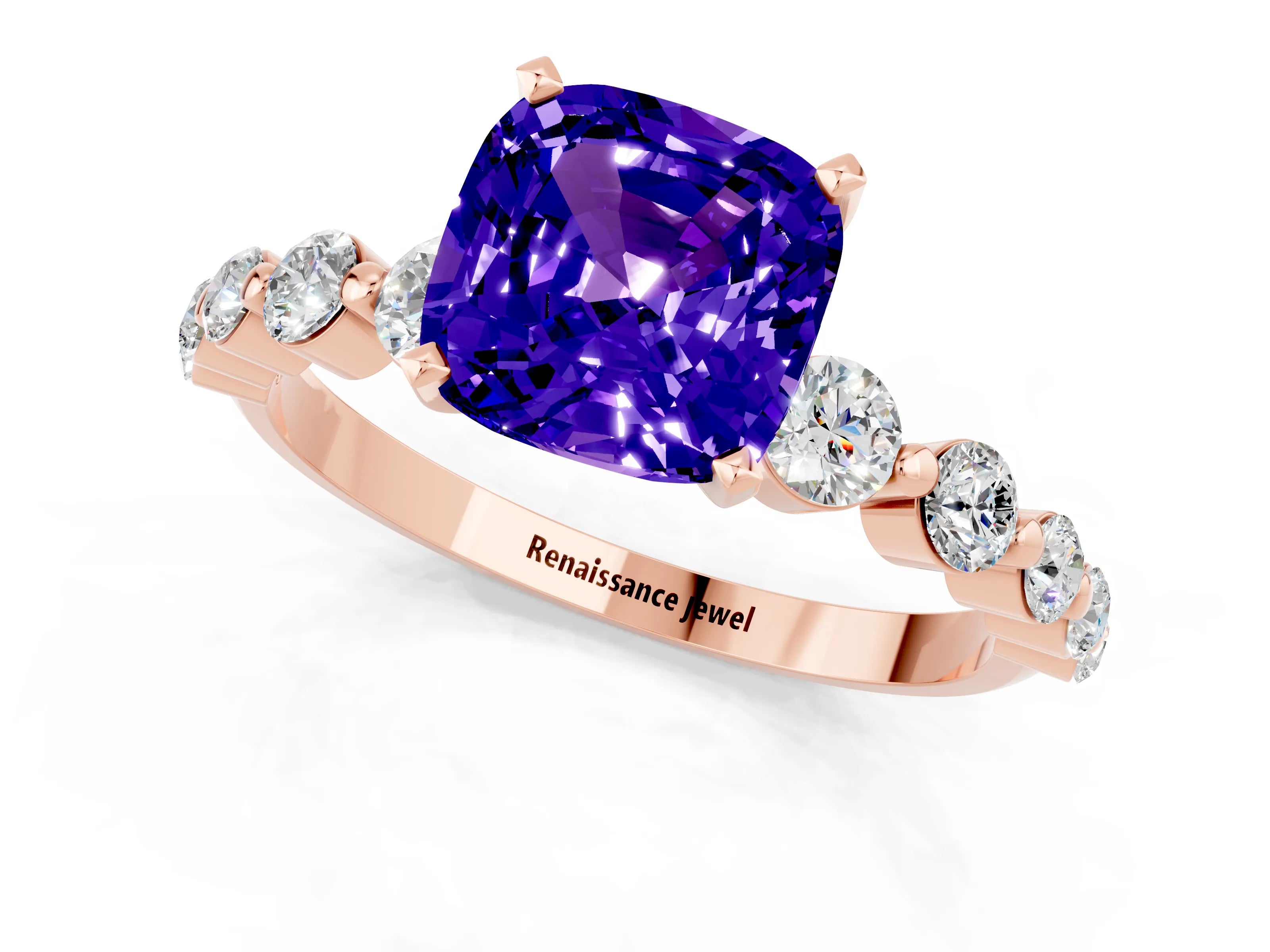 Rose gold Cushion Cut Solitaire Tanzanite Ring with Pave Band and Four-Prong Setting_1