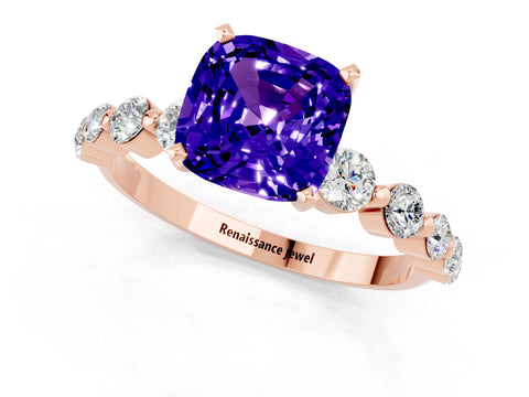 Rose gold Cushion Cut Solitaire Tanzanite Ring with Pave Band and Four-Prong Setting_1